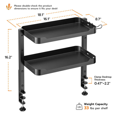 2 Tier Clamp On Desk Shelf 16 Inch Wide Adjustable Above Or Under Desk Storage Holds 66 Lbs Heavy Duty Desktop Organizer
