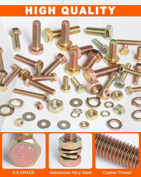 Massive 1500 Piece Metric Bolt and Nut Kit With 19 Sizes M4 To M8 12 16 20 25 30mm Bolts Grade 8.8 Yellow Zinc