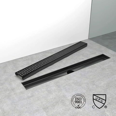 32 Inch Black Linear Shower Drain With Removable Grate Cover Brushed 304 Stainless Steel Ultra Fast Drainage Hair Strainer Adjustable Feet No Rust Easy Clean Modern Built To Last Shower Floor Solution