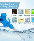 Heavy Duty Electric Drum Pump Transfers Diesel DEF And Light Oils Smooth As Butter Right Out Of 55 Gallon Drums Runs Clean On 120V AC Or 12V DC Drops A Solid 5 GPM Flow Rate Every Time, showing the pump suitable for various liquids.