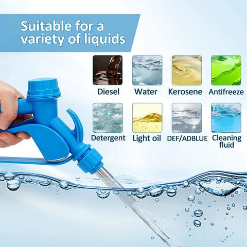 Heavy Duty Electric Drum Pump Transfers Diesel DEF And Light Oils Smooth As Butter Right Out Of 55 Gallon Drums Runs Clean On 120V AC Or 12V DC Drops A Solid 5 GPM Flow Rate Every Time, showing the pump suitable for various liquids.