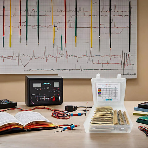 Ultimate 2600 Piece Resistor Kit With 130 Values From 1 Ohm To 3M Ohm 0.5W Carbon Film Resistors 5 Percent Tolerance RoHS Compliant Ideal DIY Electronics Starter Pack For DIYers, open on desk with electronic testing equipment and graphs in background.