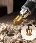 Six Piece Countersink Drill Bit Set With One Quarter Inch Hex Shank HSS Pro Grade Five Flute Countersinks For Wood in use