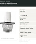 Cuisine Talent Electric Food Chopper With 1.8L Glass Bowl 150W Motor technical specifications and details.