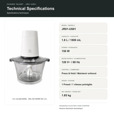 Cuisine Talent Electric Food Chopper With 1.8L Glass Bowl 150W Motor technical specifications and details.