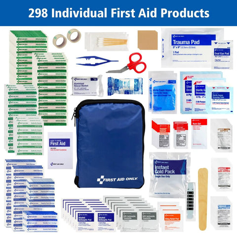 First Aid Only 298-piece emergency first aid kit in blue zip pouch with assorted bandages and supplies
