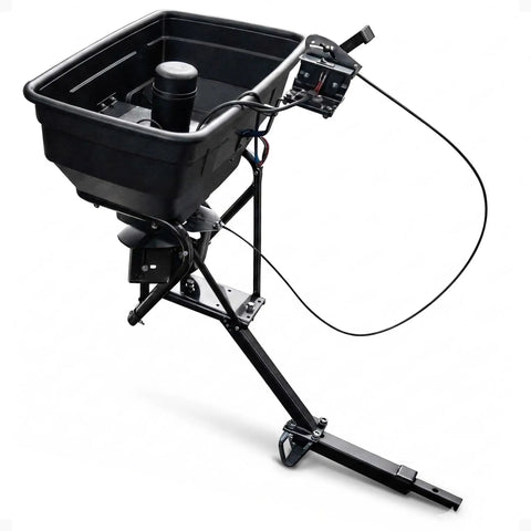 Hitch Mount Grass Seed Spreader With Rain Protector For ATV UTV Or Utility Tractor 12 Foot Broadcast Width 12 Volt Electric