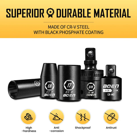 3/8 Inch Drive Impact Socket Set With 59-Piece SAE And Metric Sockets featuring CR-V steel with black phosphate coating