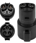 No Stress On The Fly J1772 To Tesla Charging Adapter showing multi-angle views of black charging connector for EV use.