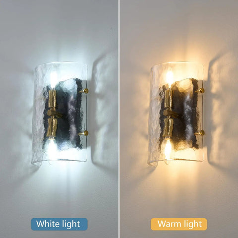 MWZ Modern 2-Light Wall Sconce Set of 2 with Water Rippled Glass Shades 11" showing white and warm light settings.