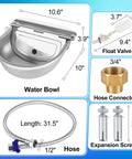 No Fuss Automatic Livestock Water Dispenser With Heavy Duty Stainless Steel Horse Water Bowl and Slick Float Valve Auto Fill Trough For Goats Cattle And Pets dimensions and parts.