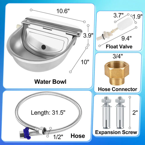 No Fuss Automatic Livestock Water Dispenser With Heavy Duty Stainless Steel Horse Water Bowl and Slick Float Valve Auto Fill Trough For Goats Cattle And Pets dimensions and parts.