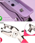 Comparison of heavy duty hole punchers showing a purple all-metal design with U-punching knife upgrade, ideal for crafts.