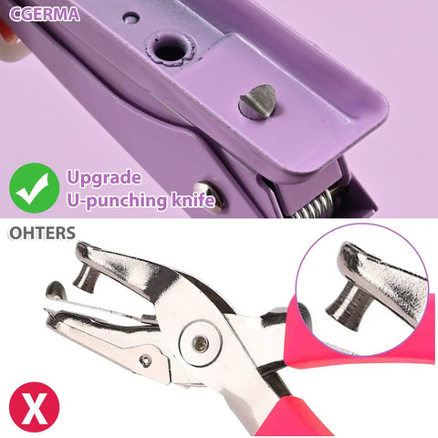 Comparison of heavy duty hole punchers showing a purple all-metal design with U-punching knife upgrade, ideal for crafts.