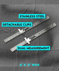 Stainless Steel SAE And Metric Ruler Set With Detachable Clips, 6 inch SAE and 150 mm metric rulers on dark surface.