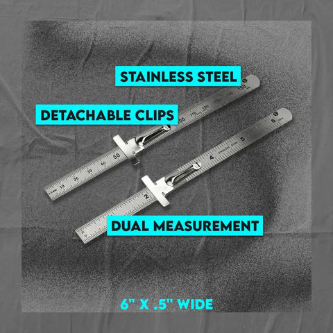 Stainless Steel SAE And Metric Ruler Set With Detachable Clips, 6 inch SAE and 150 mm metric rulers on dark surface.