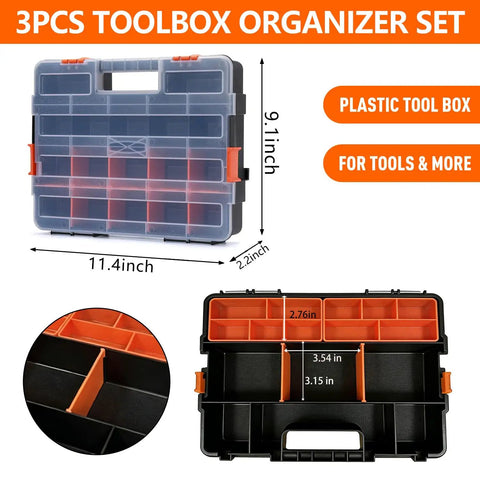 3 Piece Toolbox Organizer Set with Clear Lid, 21 compartments, removable dividers for hardware, screws, bolts, stackable storage