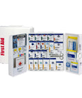 White plastic First Aid cabinet opened to reveal 245-piece SmartCompliance kit with labeled compartments