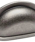 Weathered Nickel Bin Cup Drawer Pull, Model 4310WN, shown in close-up, part of 10 Pack, 3 Inch Hole Centers, cabinet hardware.