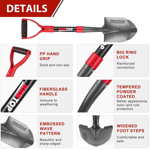 Compact Round Shovel For Digging With Short Handle 28 Inch Garden Shovel Survival Shovel For Car Use Durable 1050MN Steel Head Fiberglass Handle With PP Grip with detailed features and advantages.