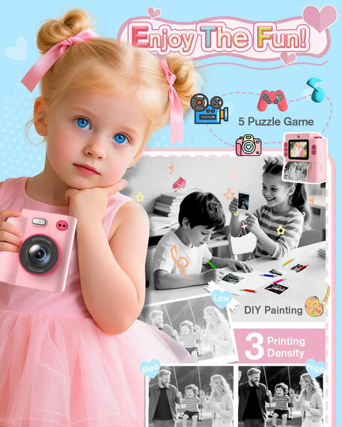 Kids Camera Instant Print 1080P HD Digital Cam For Ages 3 To 12 Boys And Girls in pink, held by child