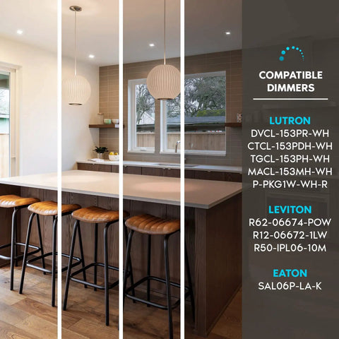 Ultra Thin 3 Inch Square LED Recessed Lights With Dimmable Wet Rated Construction Slick 5CCT installed in a modern kitchen