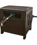 Wicker Style Hose Hideaway with 175 ft Resin Hose Reel Java, showing crank handle and wicker design, for outdoor use