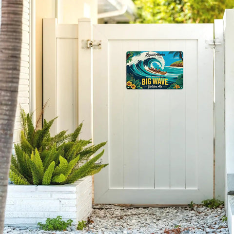 Vintage Hawaiian Big Wave Tin Sign With Outrigger Canoe, Palm Trees And Hibiscus In Turquoise And Gold Tones on gate
