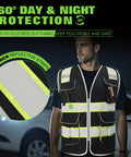 Heavy Duty Ansi Class II High Visibility Safety Vest For Men Custom Printed Logo Reflective Work Gear With Eight Rugged Storage Pockets Black Large Size Top Shelf Durability showing reflective strips and pockets in use at night.