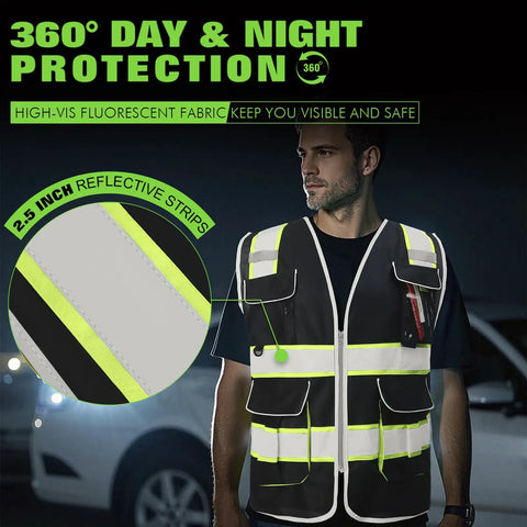 Heavy Duty Ansi Class II High Visibility Safety Vest For Men Custom Printed Logo Reflective Work Gear With Eight Rugged Storage Pockets Black Large Size Top Shelf Durability showing reflective strips and pockets in use at night.