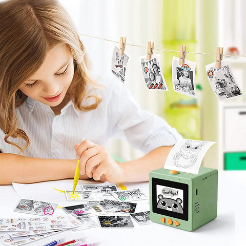 Next Level Smart AI Voice Activated Printer With Ridiculously Fast Inkless Thermal Tech And A Bright 2.4 Inch HD Touchscreen Display For Making Totally Awesome Custom Stickers Everyday in action with a child designing stickers.