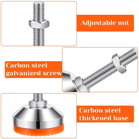 Details of 4 Pack Beefy Stainless Steel Leveling Feet, Heavy Hitter Adjustable shock absorbing pads, carbon steel base and screw.