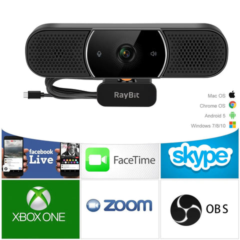 Game Changing 3 In 1 Webcam With 2K HD Autofocus And Noise Cancelling Mic Plus Crisp Stereo Speaker For Laptop Or PC Monitor, showing front view with USB cable.