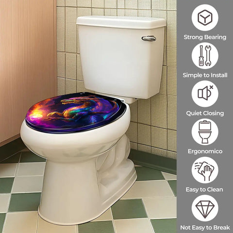 Generic Round Toilet Seat for Bathroom with colorful dragon design, easy to install, fits standard toilet dimensions.