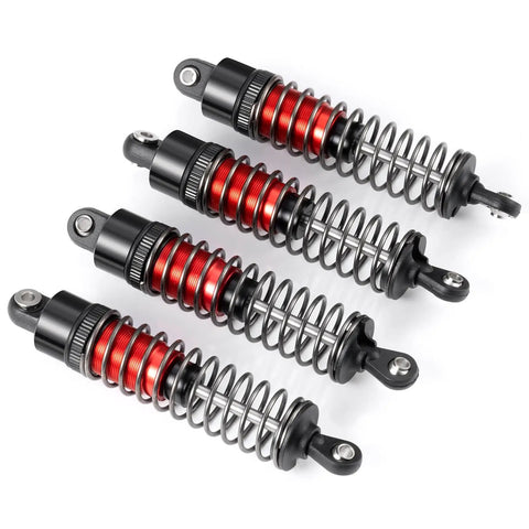 80mm Aluminum Threaded RC Shock Absorbers for 1/10 Scale Crawler Trucks, shown in red anodized finish, set of four beefed-up tele dampers.
