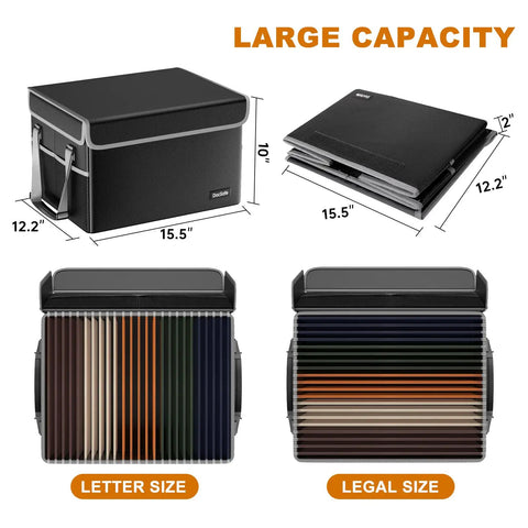 Fireproof File Box Safe Organizer With Lid For Hanging Letter And Legal Folders, Black, showing dimensions and folder capacity.