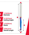 Dimensions of Spektra Coated Solid Carbide CNC Spiral O-Flute Router Bit For Plastics Up Cut 3 Inch Length 1/4 Inch Diameter 1-1/4 Inch Cutting Height Mirror Finish 51407-K Made In USA