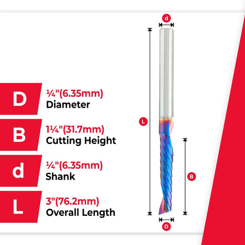 Dimensions of Spektra Coated Solid Carbide CNC Spiral O-Flute Router Bit For Plastics Up Cut 3 Inch Length 1/4 Inch Diameter 1-1/4 Inch Cutting Height Mirror Finish 51407-K Made In USA