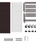 Assembly parts for Four Wheel Pants Rack With 30 Hangers And Built In Oxford Bag including frame, wheels, hangers, and tools