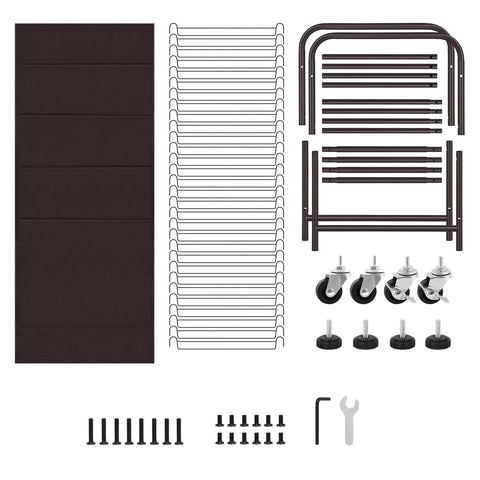 Assembly parts for Four Wheel Pants Rack With 30 Hangers And Built In Oxford Bag including frame, wheels, hangers, and tools