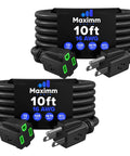 2 Pack 10 Ft Black Extension Cords With Bright Green Indicators, Heavy Duty 16 AWG, 3 Prong Grounded, ETL Listed
