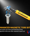 Heavy-Duty 14-Piece Long Torx Bit Set With 6-Inch Reach, showing tamper-proof magnetic Torx bit attracting screws.