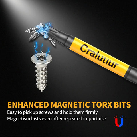 Heavy-Duty 14-Piece Long Torx Bit Set With 6-Inch Reach, showing tamper-proof magnetic Torx bit attracting screws.