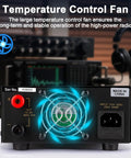 Back view of High Current 13.8V DC Bench Power Supply for Ham Radios with temperature control fan and input details visible.