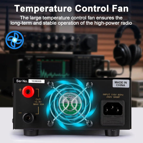 Back view of High Current 13.8V DC Bench Power Supply for Ham Radios with temperature control fan and input details visible.