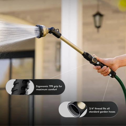 Heavy Duty Watering Wand With 180 Degree Swivel Head 18 Inch Metal Garden Hose Nozzle Sprayer in use with water flow