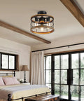 Vintage Farmhouse Semi Flush Mount Ceiling Light With Metal Cage in bedroom with wood grain finish and black metal frame.