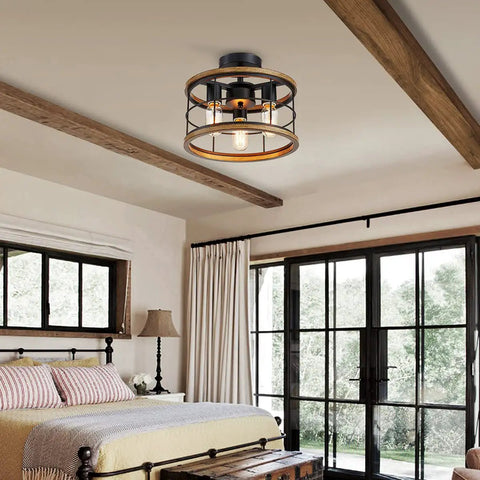 Vintage Farmhouse Semi Flush Mount Ceiling Light With Metal Cage in bedroom with wood grain finish and black metal frame.