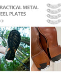 Three Pairs Metal Heel Plates For Shoes And Boots Iron Sole Protectors Anti Wear Pads Heel Taps Tips With Screws For Outdoor Hiking Easy DIY Installation displayed on shoes and boots in outdoor setting.