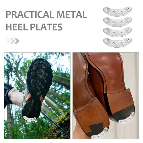 Three Pairs Metal Heel Plates For Shoes And Boots Iron Sole Protectors Anti Wear Pads Heel Taps Tips With Screws For Outdoor Hiking Easy DIY Installation displayed on shoes and boots in outdoor setting.